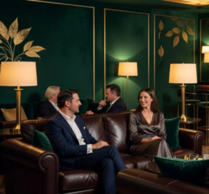 Elegáns bőrkanapék, mélyzöld és arany részletek egy luxus lounge-ban