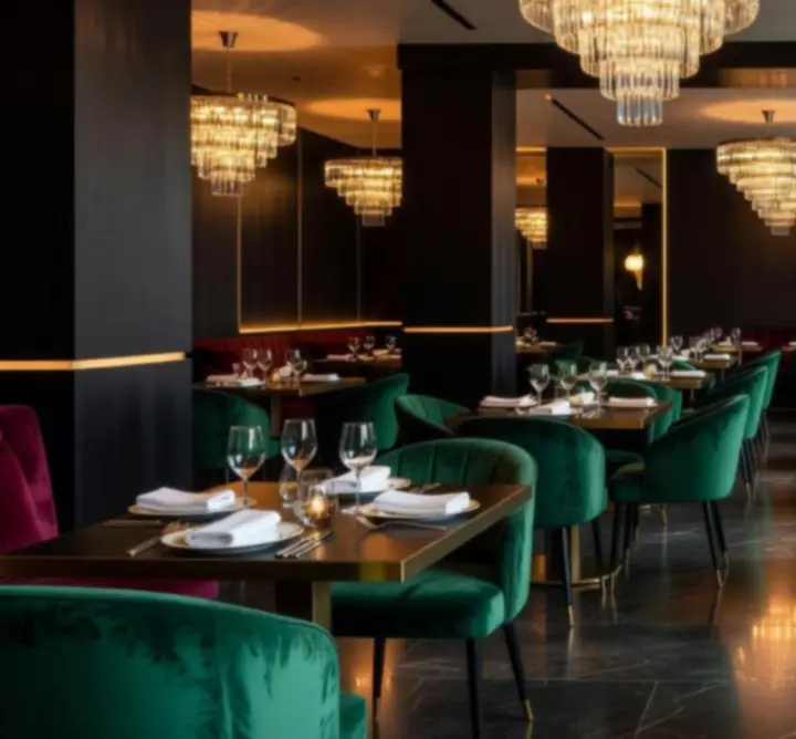 Luxus, intim hangulatú éttermi belső tér a Social Evening Space-ben, mély zöld és arany részletekkel.