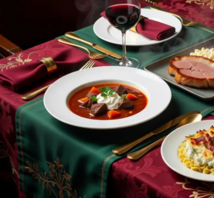 Gourmet fogások kollekciója elegáns terítékkel