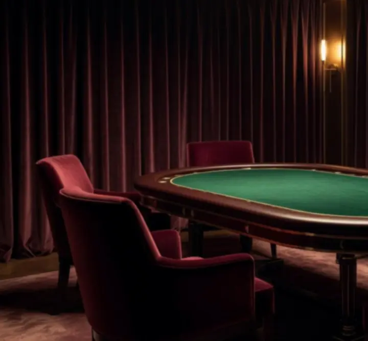 Atmoszférikus póker lounge hangulatos fényekkel és elegáns asztalokkal